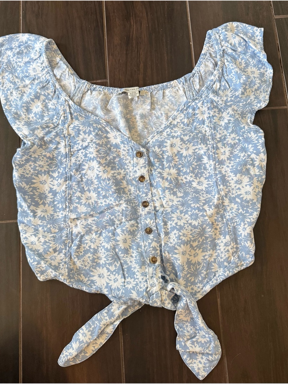 American Eagle Outfitters Light Blue & White Floral Tie-Front Blouse